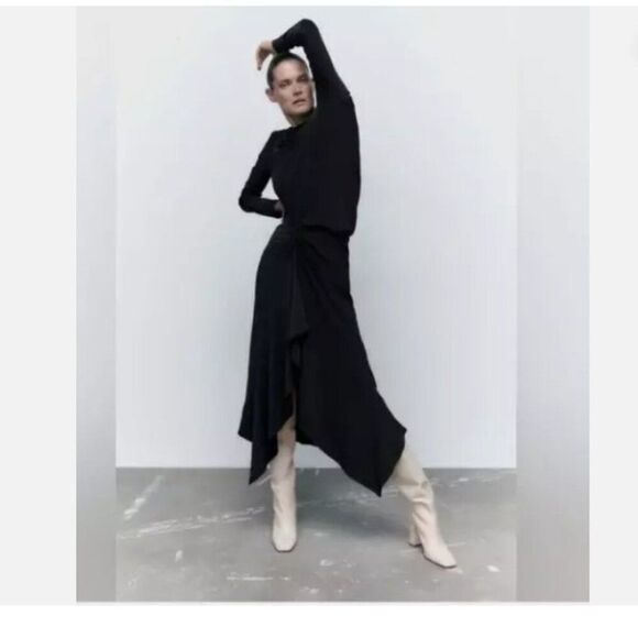 Zara Womens Midi Dress M Black Knot Front Midi Long Sleeve Cocktail 1165/549 NWT - Picture 1 of 8